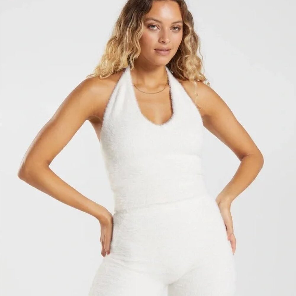 LIKE NEW Gymshark Whitney Eyelash Knit Midi Halter Top - Skylight White Sz Small